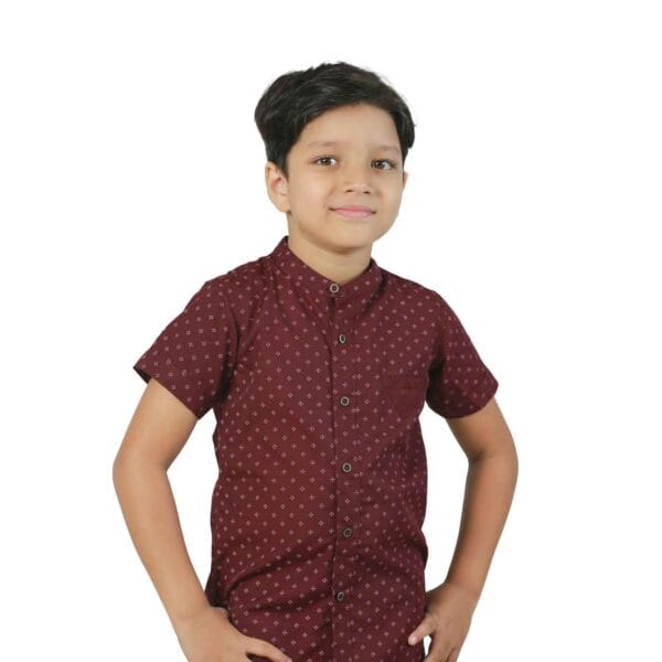 Short Sleeve Boys' Shirt Band Collar Dark Maroon All Over Print