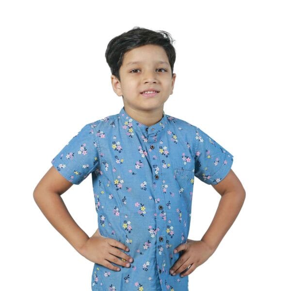 Ash Navy Flower Print Boys' Short Sleeve Shirt - Image 2