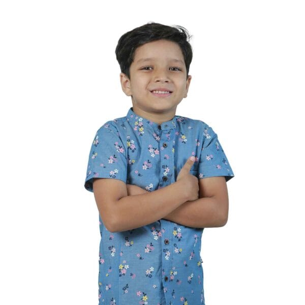 Ash Navy Flower Print Boys' Short Sleeve Shirt