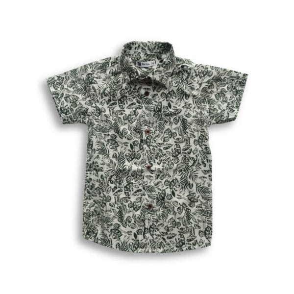 Green All Over Print Boys' Shirt Short Sleeve Off White