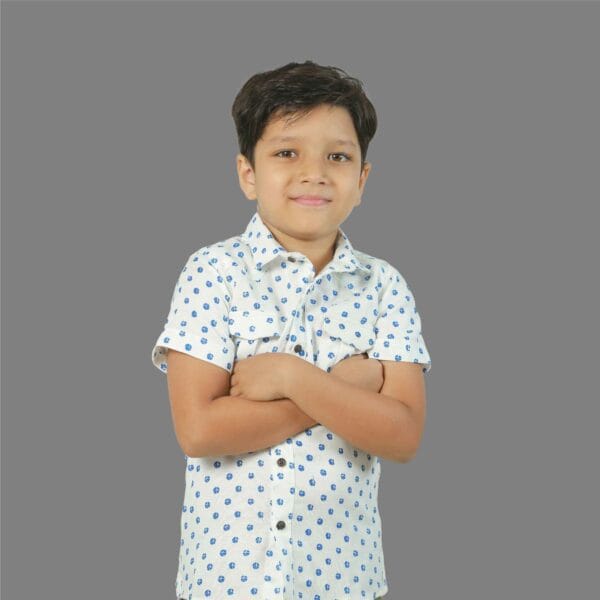 Boys' Short Sleeve Shirt Cotton Blue All Over Print White