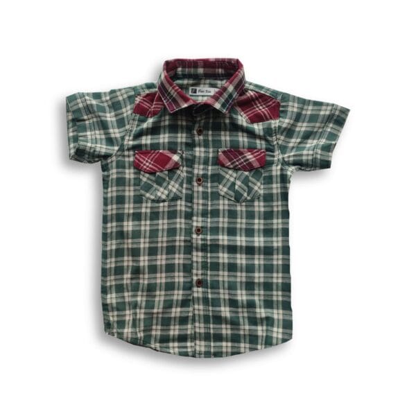 Boys' Short Sleeve Shirt Green Check Contrast Collar