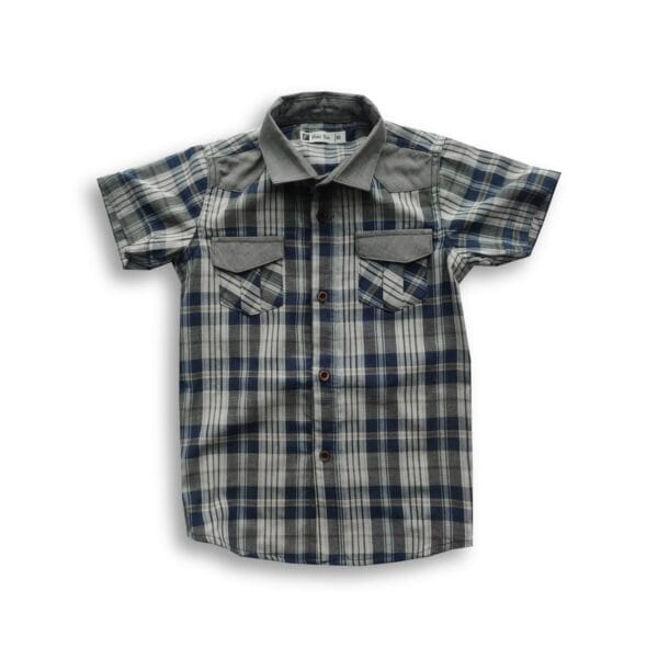 Boys' Short Sleeve Shirt Blue Check Contrast Collar