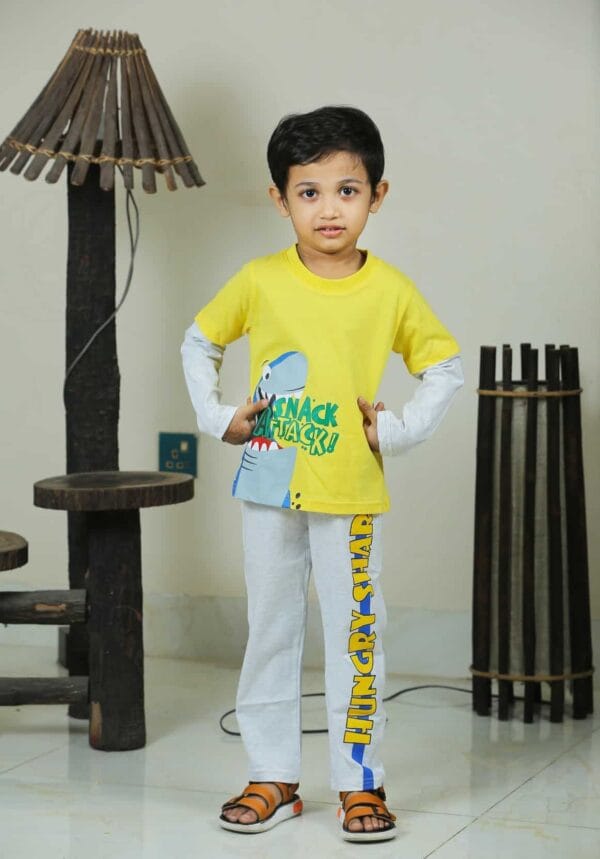 Boys Full Sleeve T-Shirt & Full Pants Set Shark Yellow - Image 3