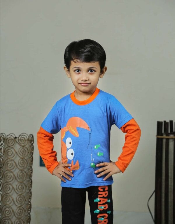 Cute Crab Boys Full Sleeve T-Shirt & Full Pants Set Light Royal Blue