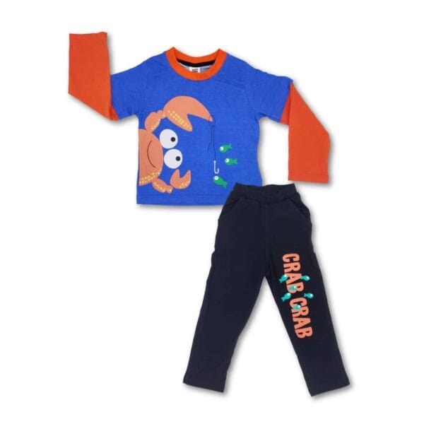 Cute Crab Boys Full Sleeve T-Shirt & Full Pants Set Light Royal Blue - Image 3