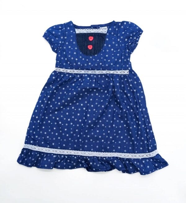 Star Print Big Girls Summer Denim Frock_Navy Blu