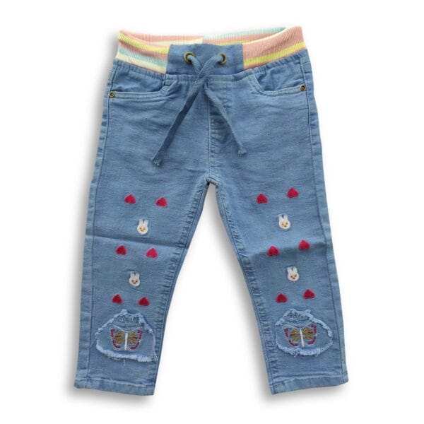 Girl's Heart Embroidery Drawstring Stretch Denim Full Pants Sky Blue