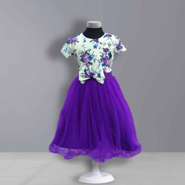 Girls Premium Floral Printed Party Dress Purple