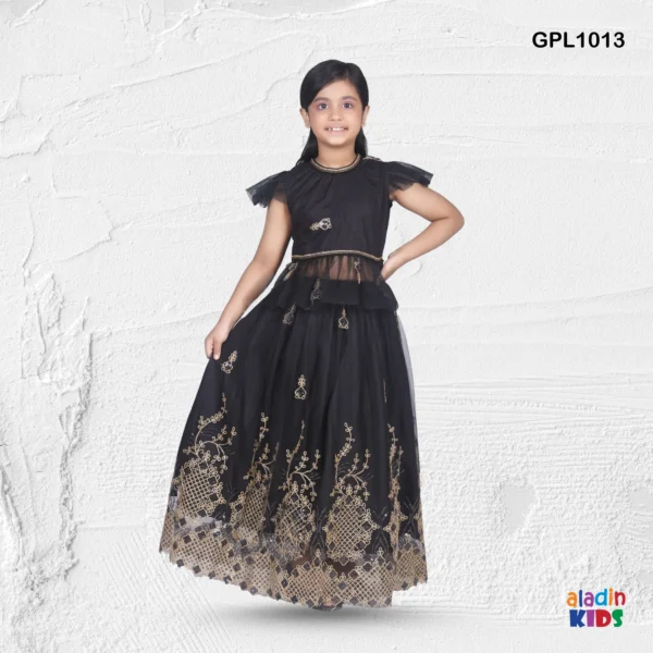 Net Embroidery Girls Party Lehenga Set Black