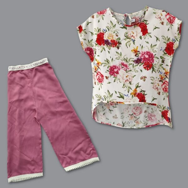 Girls' Floral Printed Fatua & Pant Set off white