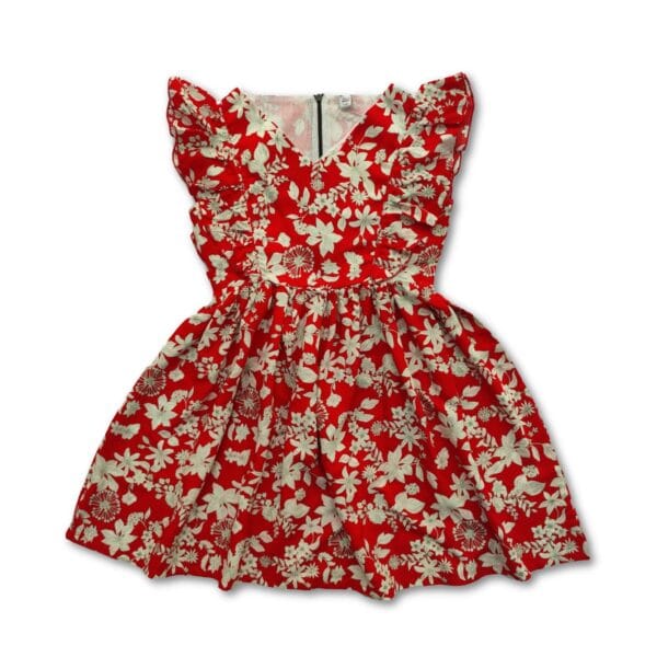 Girls Stylish V-Neck Floral Print Frock Red