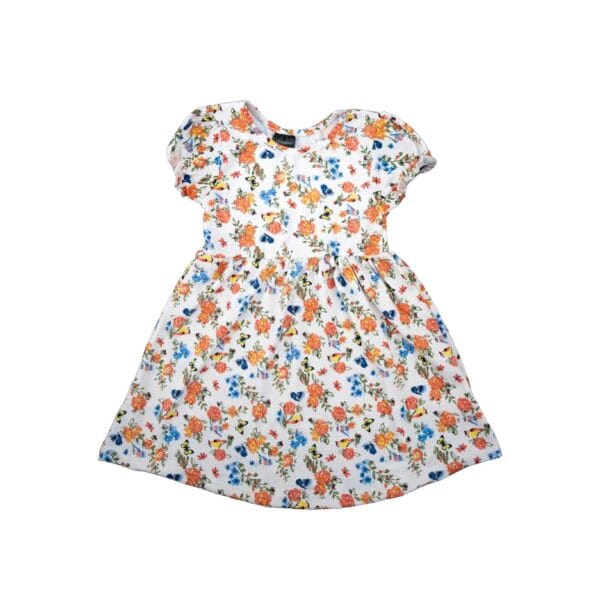 Girls’ Cotton Knitted Summer Frock Floral Print Off White