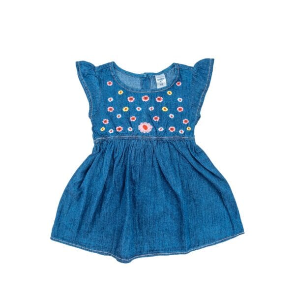 Girls' Summer denim Frock with Embroidery Navy Blue