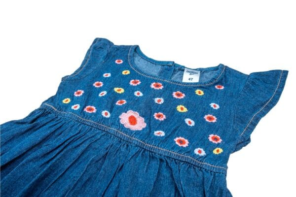 Girls' Summer denim Frock with Embroidery Navy Blue - Image 2