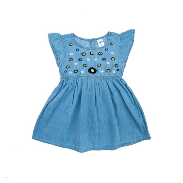 Girl's Summer denim Frock with Embroidery Sky Blue