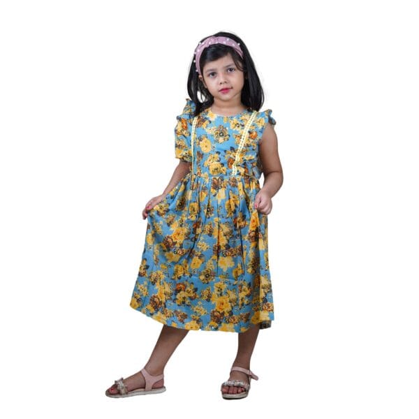 Yellow Flower Print Linen Girls' Summer Frock