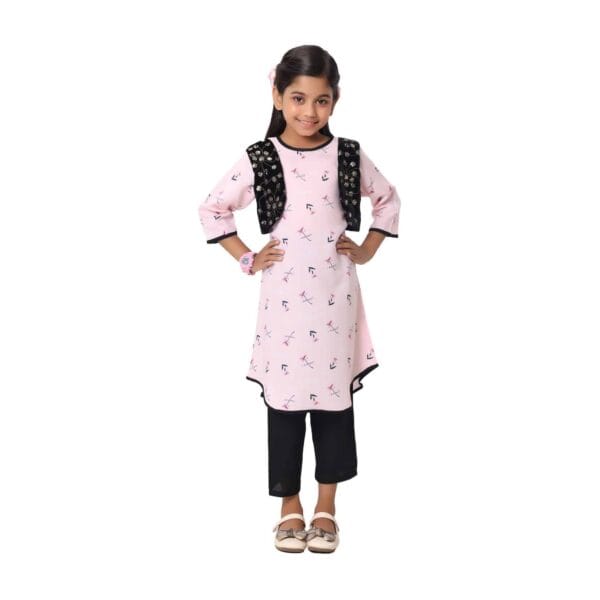 Girls Koti Set with Salwar Pink Linen Print