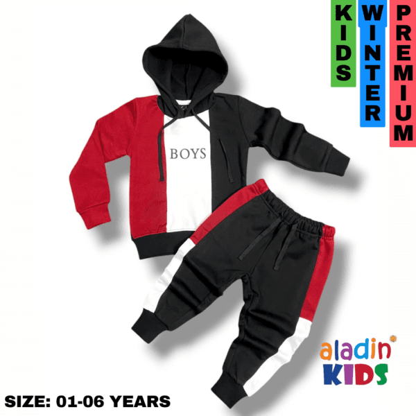 BOYS Winter Hoodie & Trouser Set Black & Maroon