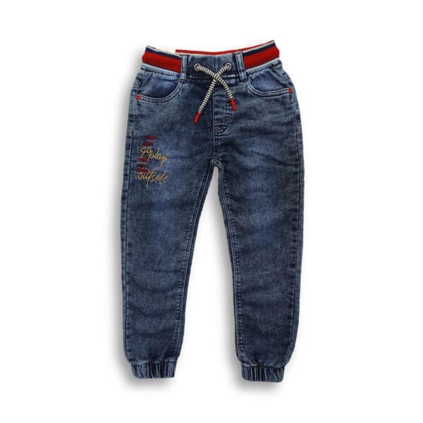 Drawstring Knit Denim Embroidery Jogger Pant for Boys