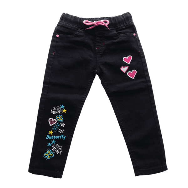 Girl's Flower & Heart Embroidery Drawstring Denim Full Pants Black