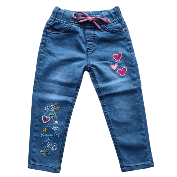 Girl's Flower & Heart Embroidery Drawstring Denim Full Pants Sky Blue