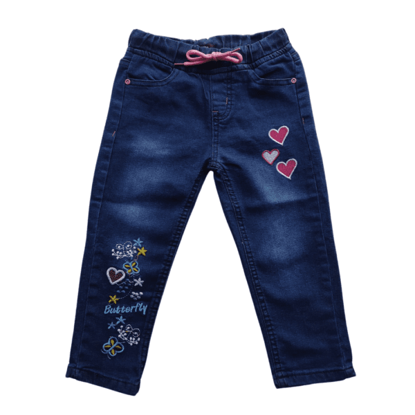 Girl's Flower & Heart Embroidery Drawstring Denim Full Pants Blue