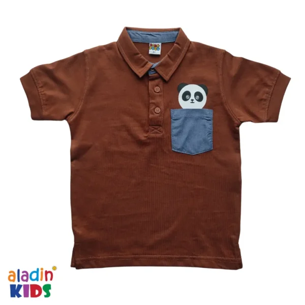 Boys Stylish Panda Printed Polo Shirt Chocolate