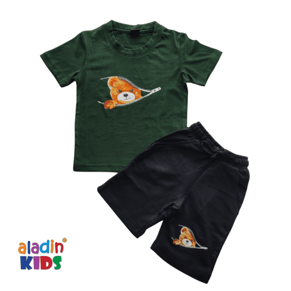 Boys Cute Bear Printed T-shirt & Pant Set Green