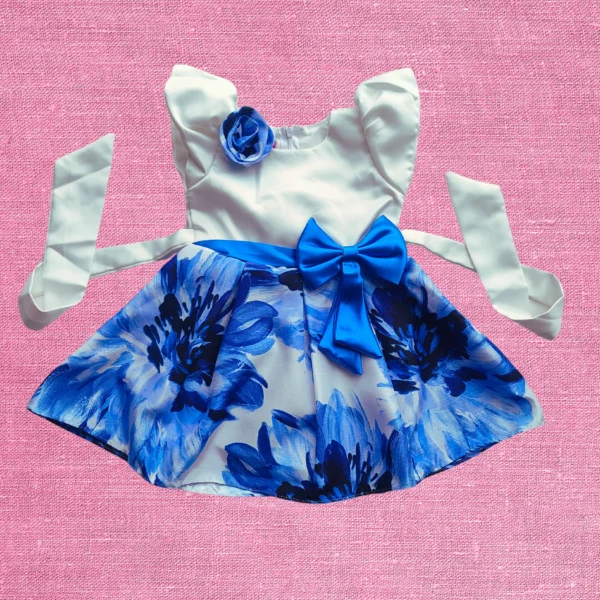 Girls Premium 3D Printed Party Dress White & Blue