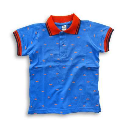 Boys Stylish Shark Printed Polo Shirt Blue & Orange Rib
