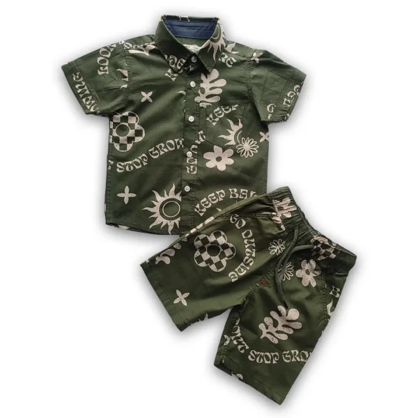 Boys All Over Print Shirt & Pant Set Olive