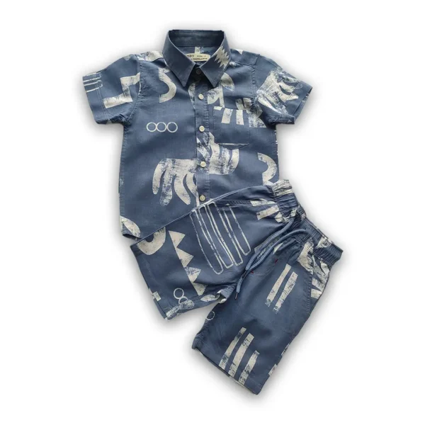 Boys All Over Print Shirt & Pant Set Light Navy Blue