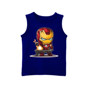 Sleeveless T-Shirt – Navy Blue Iron Man Print (100% Pure Cotton)