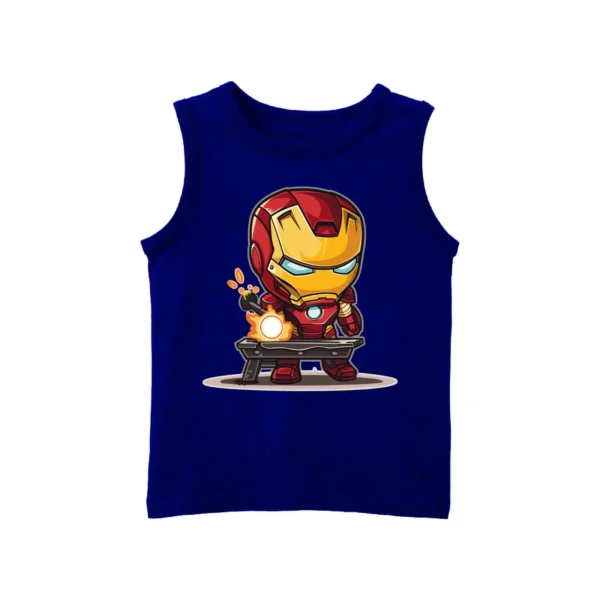 Sleeveless T-Shirt – Navy Blue Iron Man Print (100% Pure Cotton)
