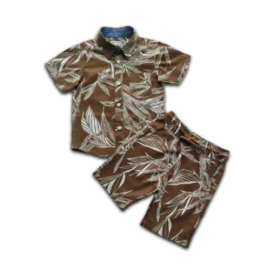 Boys All Over LEAF Print Shirt & Pant Set Brown Flower Aladinkids