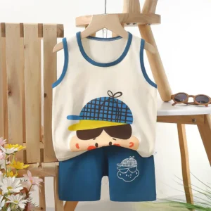 Baby Cap Printed Megi T-shirt & Pant Set Cream & Navy Blue