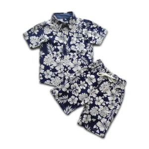 Boys All Over JAWA FLOWER & LEAF Print Shirt & Pant Set Navy Blue & White