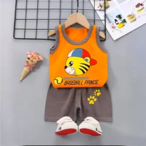 BASEBALL PRINCE Printed Megi T-shirt & Pant Set Orange & Dark Brown