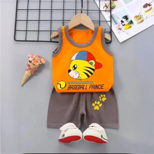 BASEBALL PRINCE Printed Megi T-shirt & Pant Set Orange & Dark Brown