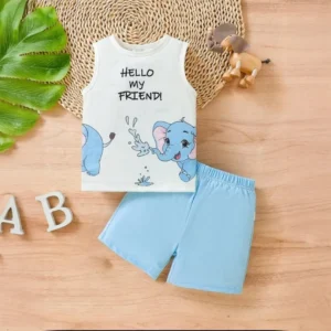 HELLO My FRIEND! Printed Megi T-shirt & Pant Set White & Sky Blue