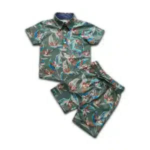 Boys All Over LEAF Print Shirt & Pant Set Olive
