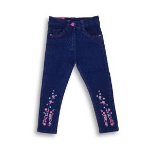 Stylish Girl's Flower Red Embroidery Denim Full Pants Navy Blue