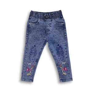 Stylish Girl's Floral Embroidery Denim Full Pants Light Blue