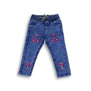 Stylish Girl's Butterfly Embroidery Denim Full Pants Light Blue