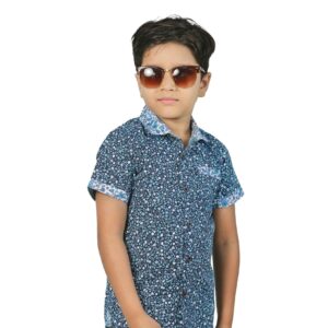 Dark Navy Blue All Over Print Boys' Short Sleeve Shirt Contrast Collar