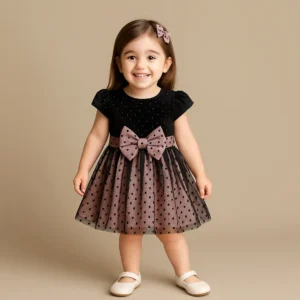 Girls Premium Velvet Party Dress Black & Light Pink