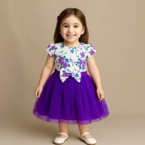 Girls Premium Floral Printed Party Dress Purple