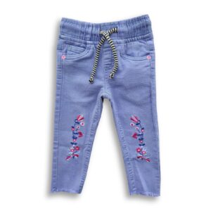 Girl's Floral Embroidery Drawstring Stretch Denim Full Pants Sky Blue