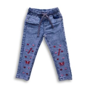 Girl's Butterfly Embroidery Denim Full Pants Light Blue